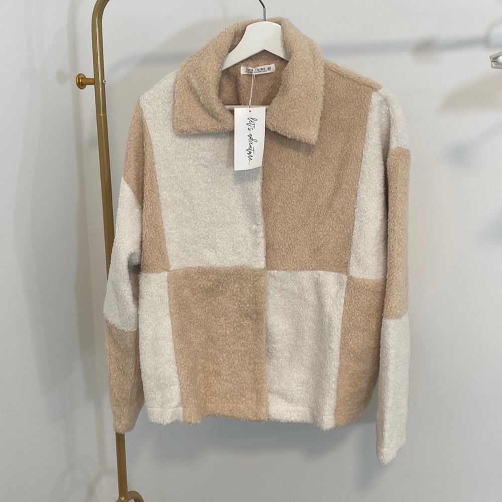 Light Tan and White Plaid Fuzzy Button up Jacket!